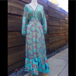V Neck Boho Turquoise w Roses/Paisley Dress